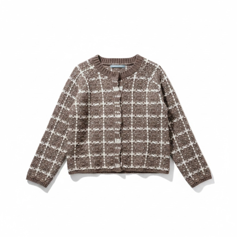 NWT Michelle Nicole Womens Wool Blend Check Knit Cardigan Brown M Academia Cozy